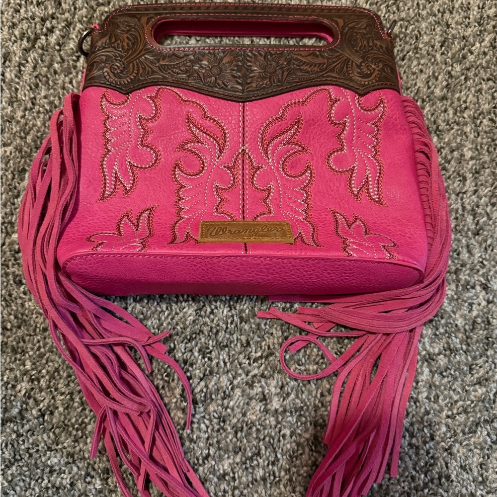 Wrangler Pink and Brown Embroidered Fringe Shoulder Bag